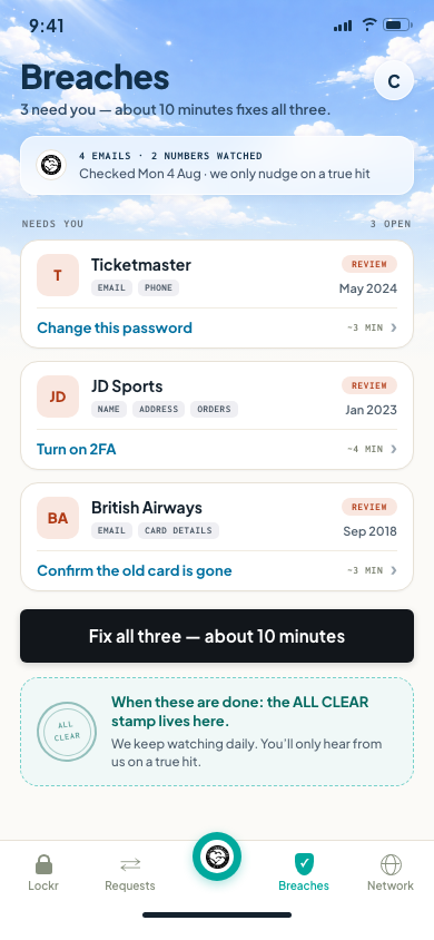 DUC app — Breaches screen: breaches found and fixed