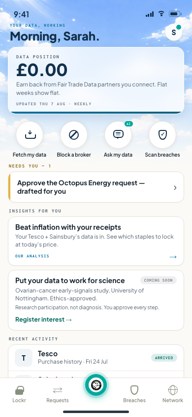 DUC app — Home screen: your data position at a glance