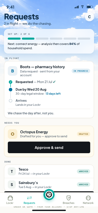 DUC app — Requests screen: data requests tracked like parcels