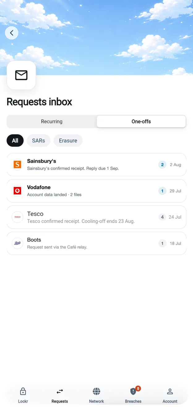 Requests inbox — Tesco request in progress