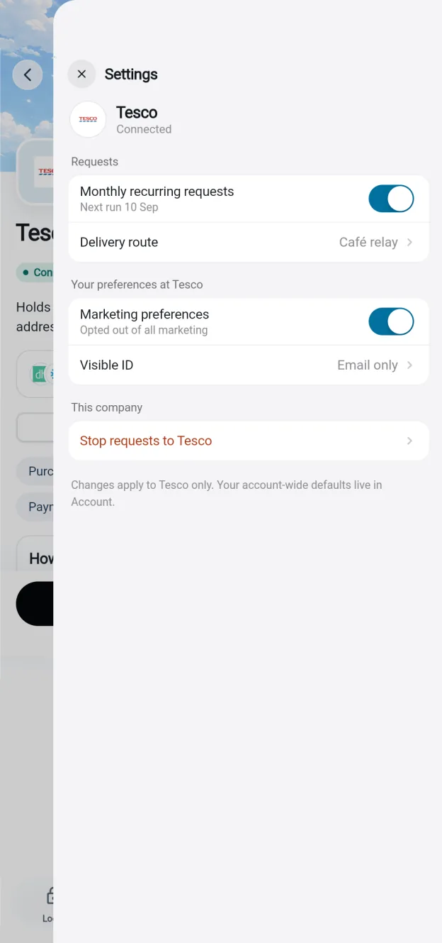Tesco — settings sheet
